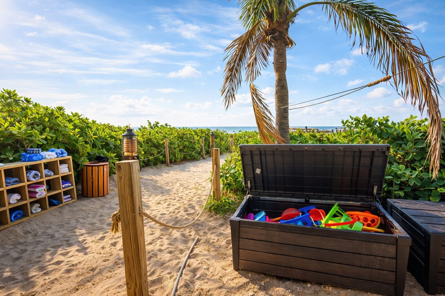 Een strandpad met een houten kist vol kleurrijk speelgoed, een bank met handdoeken en een palmboom.