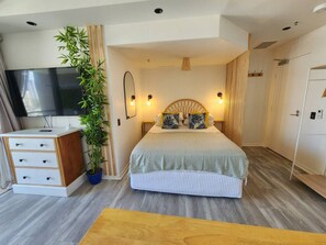 A bedroom with a bed, bedside tables, a TV, a plant, and a wardrobe.