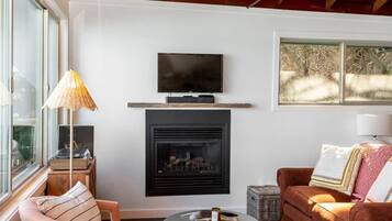 Smart TV, caminetto, libri, impianto stereo