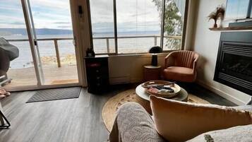 Smart TV, fireplace, books, stereo