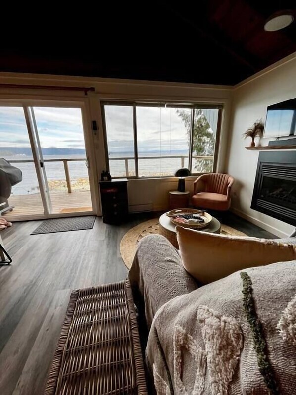 Smart TV, fireplace, books, stereo