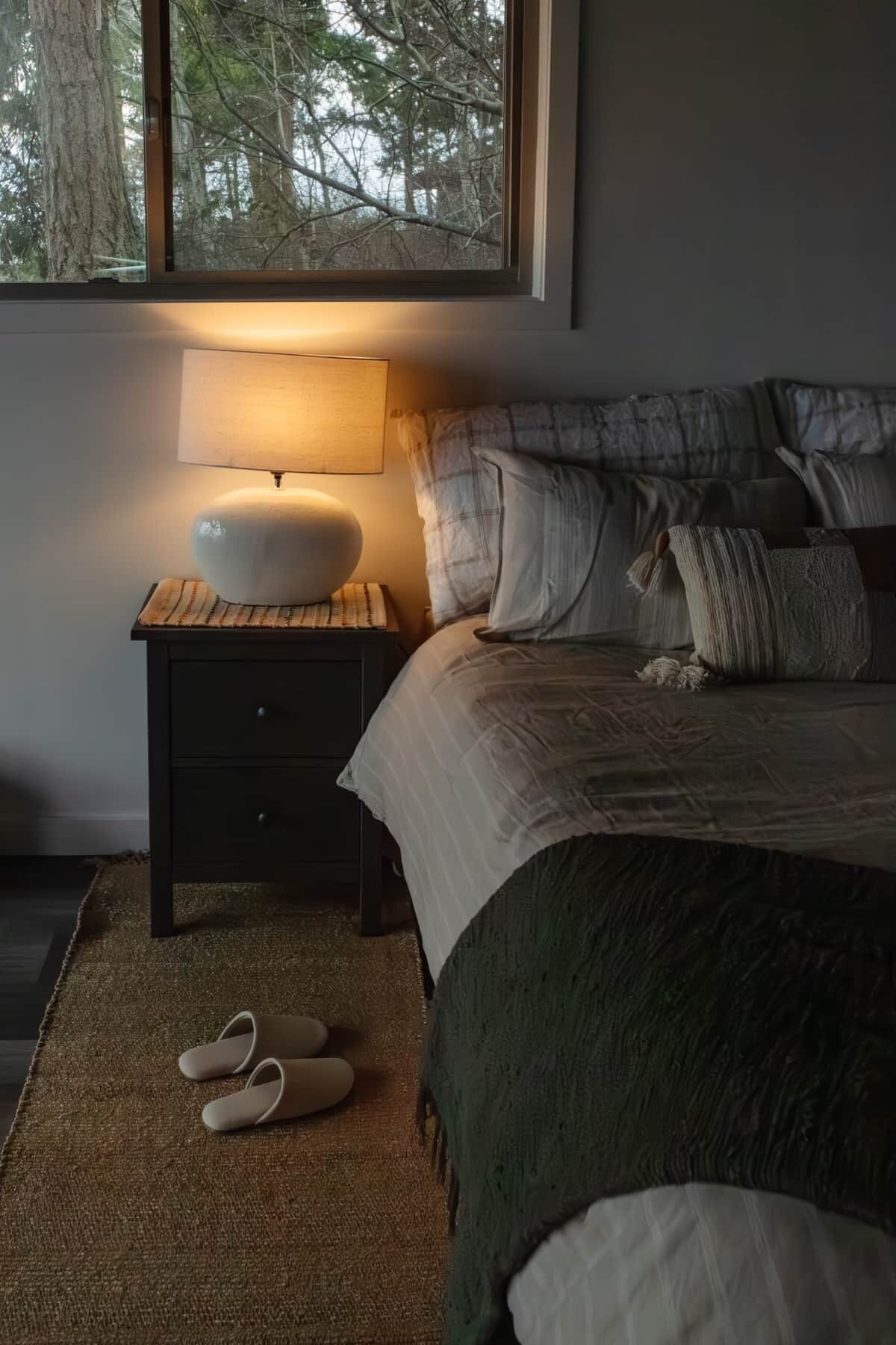 A bedroom with a bed, a nightstand with a lamp, and a view of trees through a window.