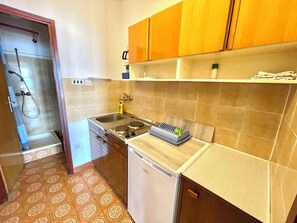 Fridge, stovetop, cookware/dishes/utensils