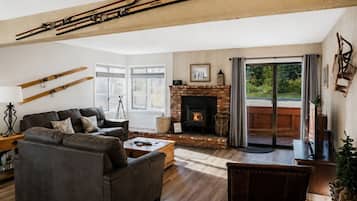 Smart TV, fireplace, books, stereo
