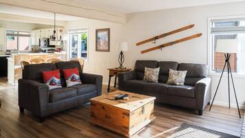 Smart TV, fireplace, books, stereo