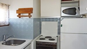 A compact kitchen with a sink, stove, and microwave. - 119 LE Sunny Snow 1650 (LES ORRES 1650)
