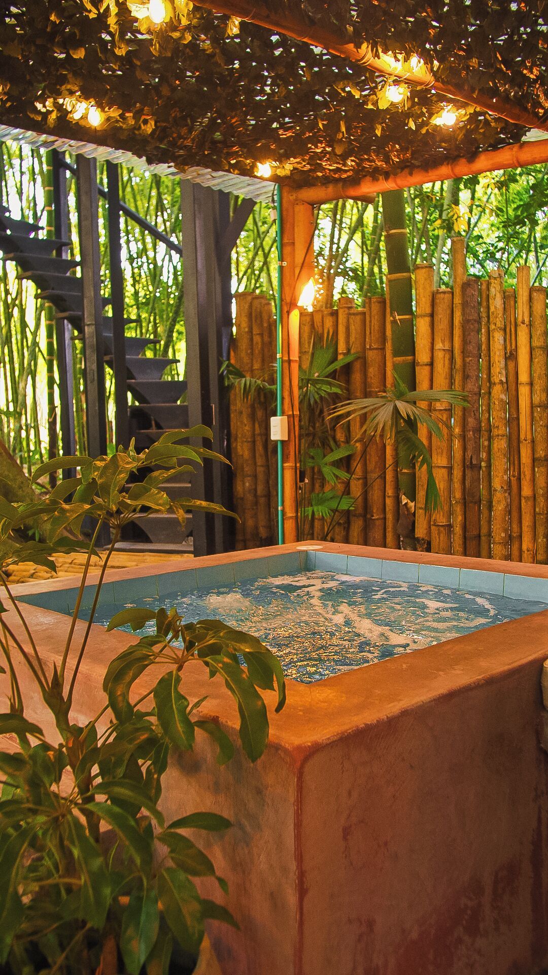 Un espace piscine agrémenté d’une clôture en bambou, entouré de verdure et de plantes.