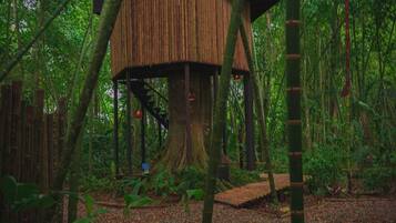 Une cabane perchée dans les arbres, construite au cœur d’une zone boisée, avec une plateforme en bois et un toit de chaume.
