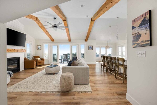 Smart TV, fireplace, video games, DVD player