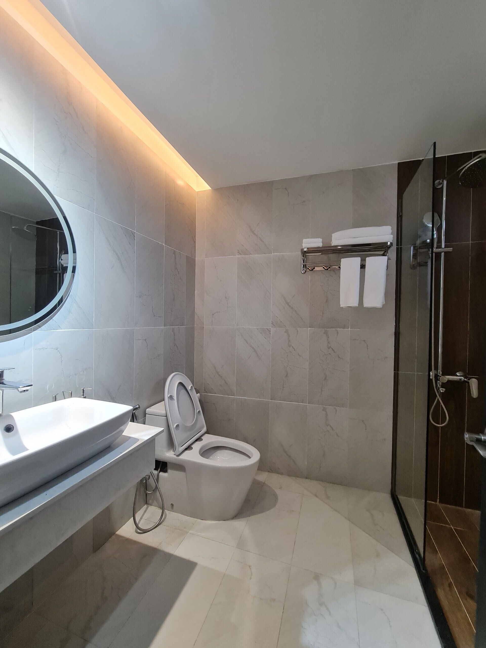 A modern bathroom with a sink, toilet, and glass-enclosed shower.