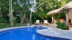 A swimming pool with a tiled edge, surrounded by greenery and a thatched-roof structure. - Tortuga Bay Villa - Close to the Beach and Golf (Punta Cana)