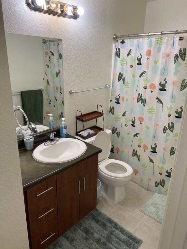 Hair dryer, towels, soap, toilet paper