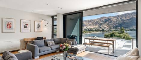 Smart TV, fireplace, books, stereo