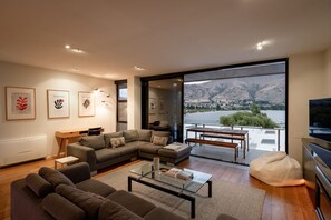 Smart TV, fireplace, books, stereo