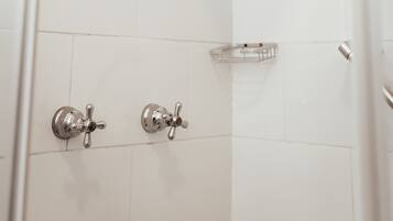 Shower, rainfall showerhead, free toiletries, hair dryer