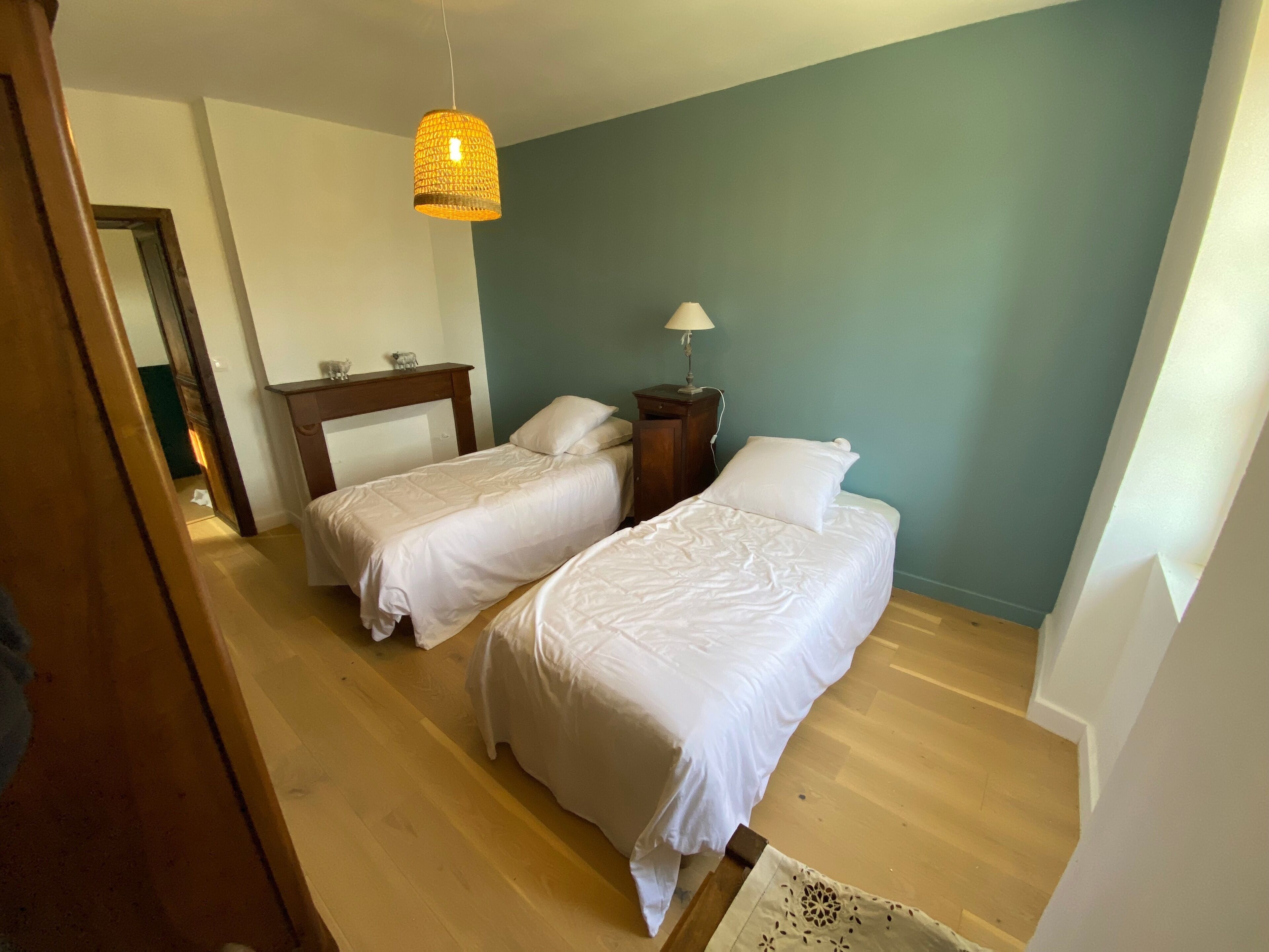A bedroom with two beds, a nightstand, a lamp, and a hanging light fixture.