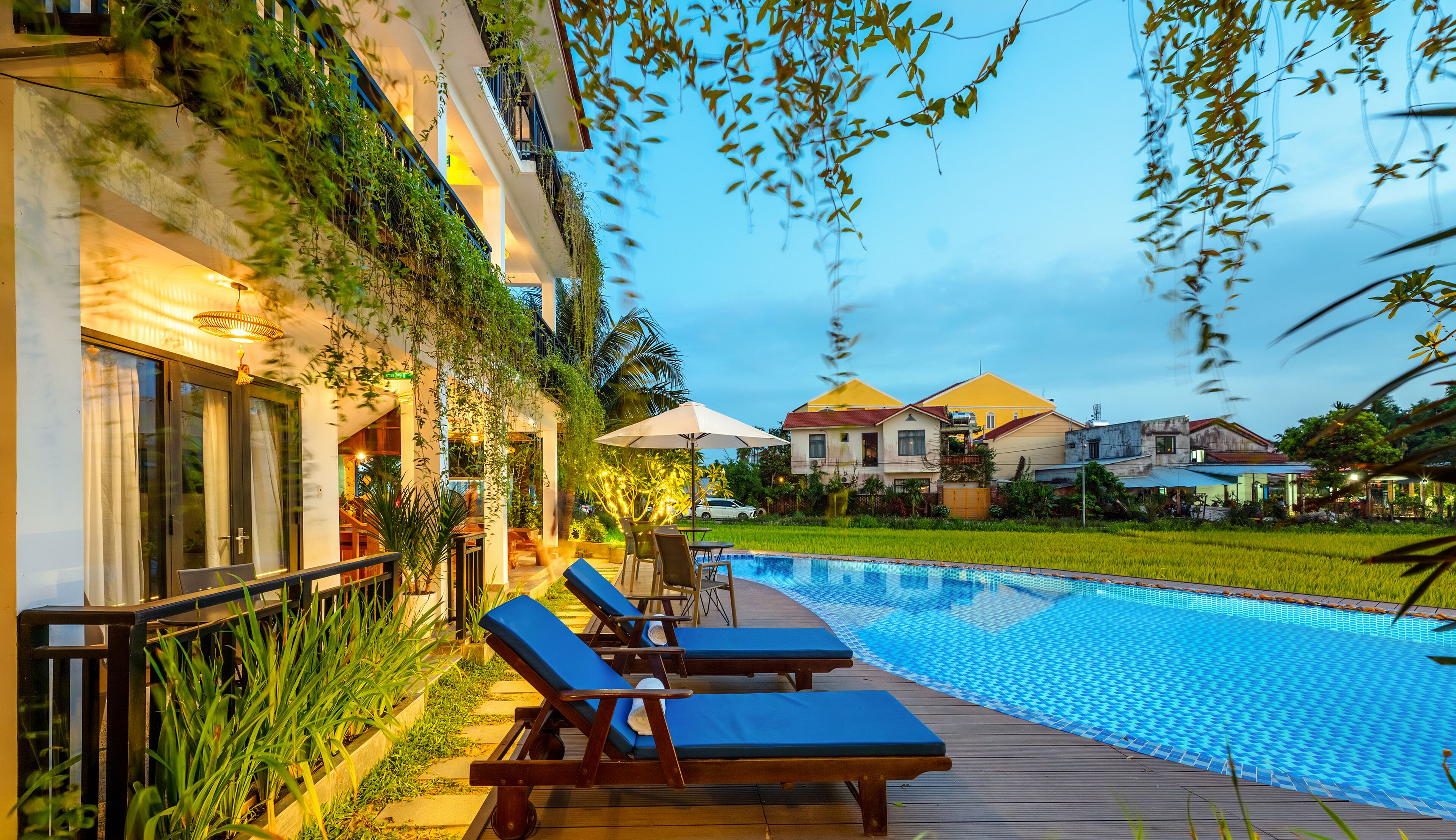 A poolside area with lounge chairs, a small table, and a potted plant.