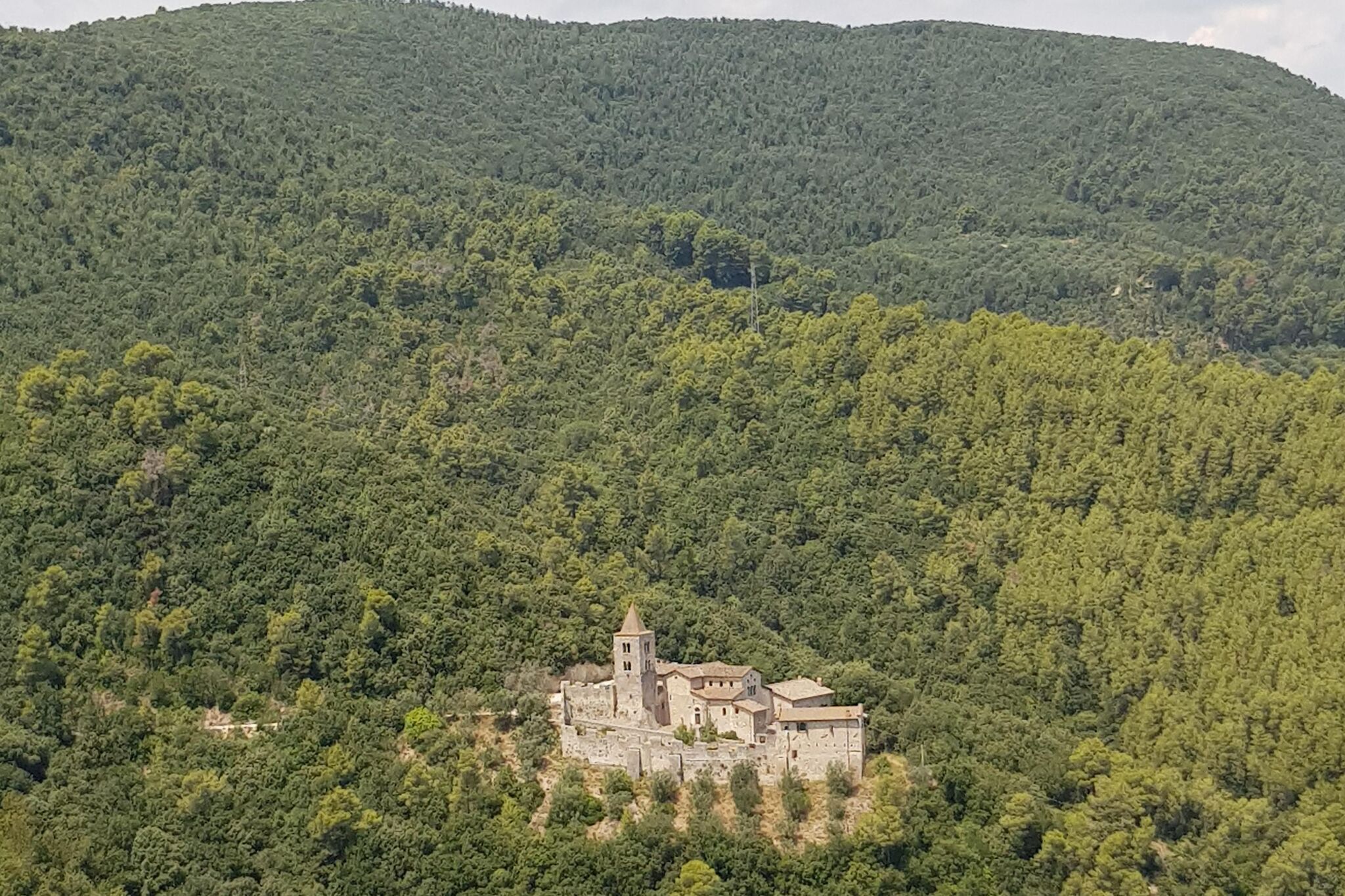 A historic stone building with a tower, surrounded by dense forest on a hillside.