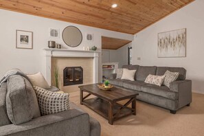 TV, fireplace, books, offices