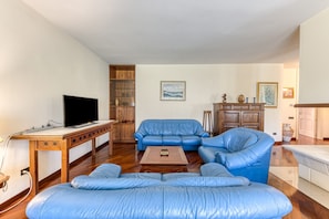 Un salon avec un canapé bleu, une table basse en bois, un téléviseur et une bibliothèque.
