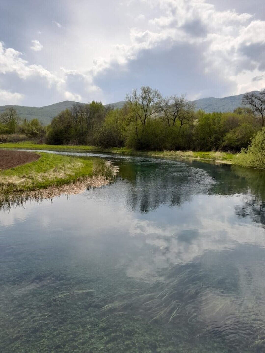 Une rivière aux eaux claires, bordée d’arbres et avec des collines en arrière-plan.