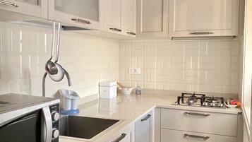 Kühlschrank, Mikrowelle, Herdplatte, Wasserkocher mit Kaffee-/Teezubehör