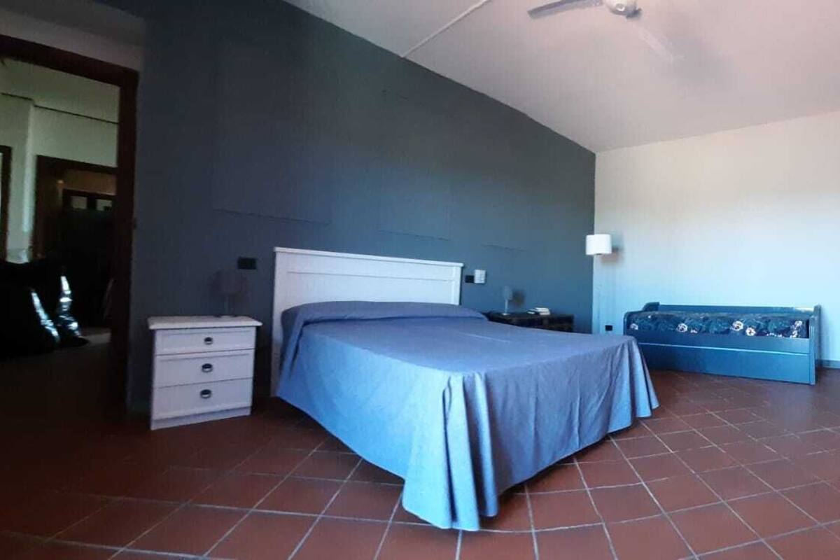 A bedroom with a bed, bedside tables, a bench, and a ceiling fan.