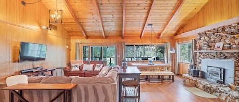 Smart TV, fireplace, video games, DVD player