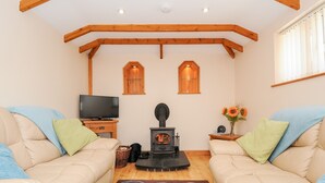 A cozy living room with two beige sofas, a television, a wood-burning stove, and a decorative rug. - The Hideaway (St Austell)
