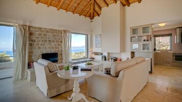 Televisio, takka, DVD-soitin, kirjoja