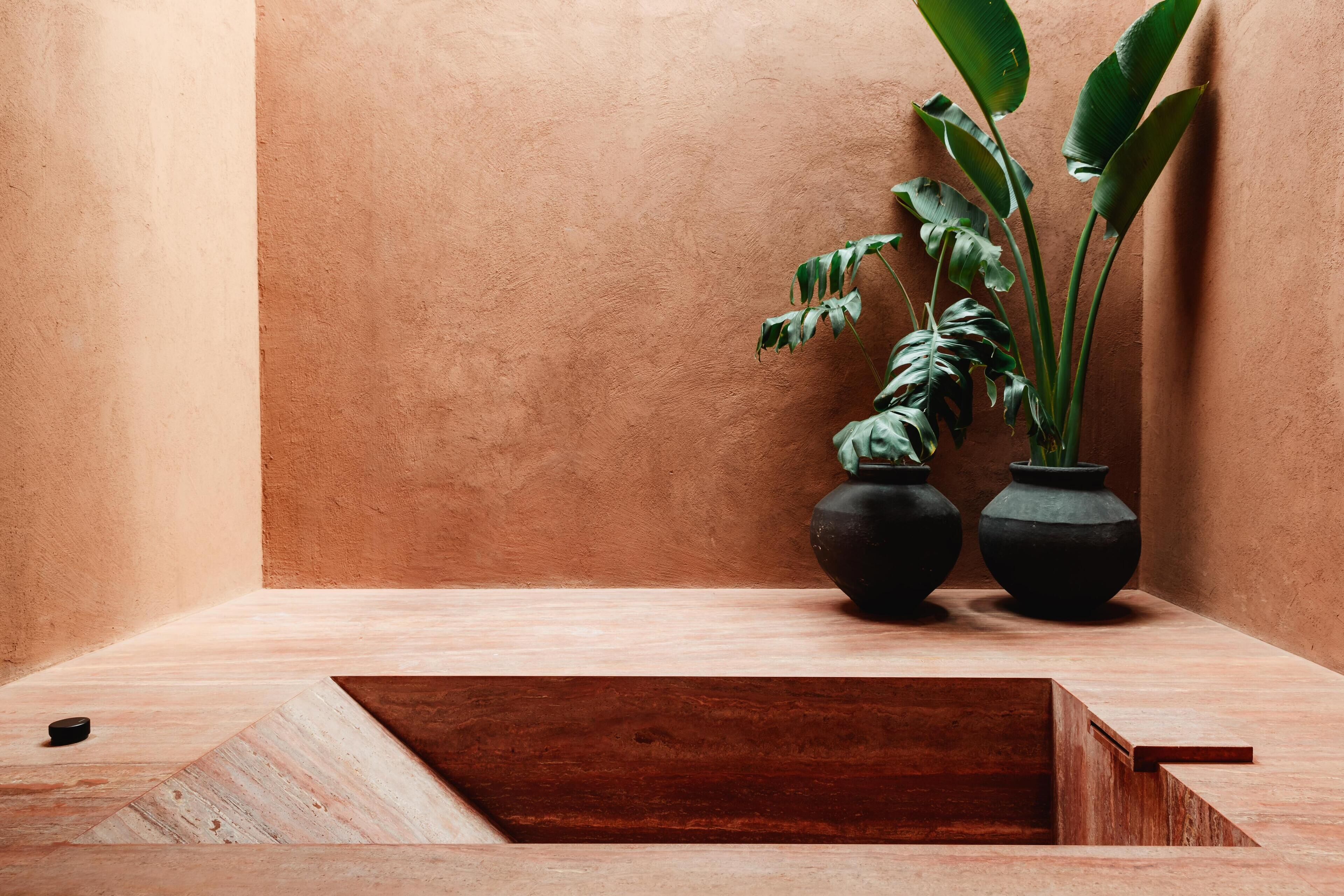 Une pièce minimaliste avec un plancher en bois, deux vases noirs ornés de plantes et une structure géométrique en bois.