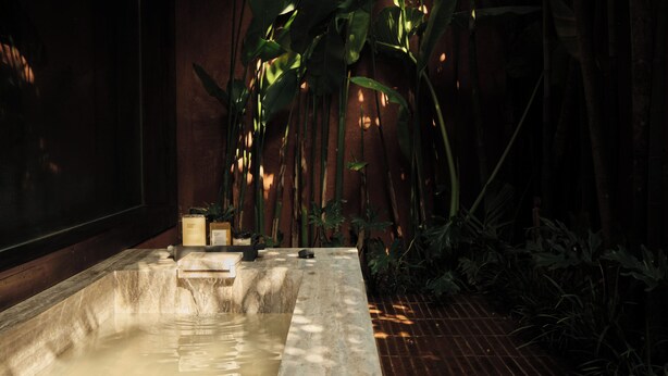 A spa area with a stone hot tub, surrounded by lush tropical plants and a wooden wall. - Further Hotel (Pererenan)