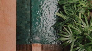 A water feature with a mosaic tile design, surrounded by lush green plants. - Further Hotel (Pererenan)