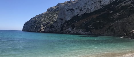 On the beach, sun-loungers