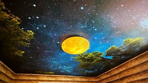 A room with a starry night ceiling, a large moon, and an open window with a forest view. - Squirrel Hideaway in Formby, Liverpool (Liverpool)