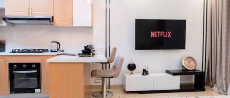 Fridge, microwave, oven, electric kettle