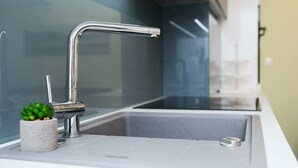 A modern kitchen sink with a chrome faucet, a small potted plant, and a white countertop. - Hedera A12 (Dubrovnik)