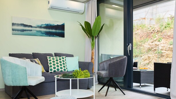 A modern living room with a grey sofa, teal armchair, and a round coffee table with a plant. - Hedera A12 (Dubrovnik)