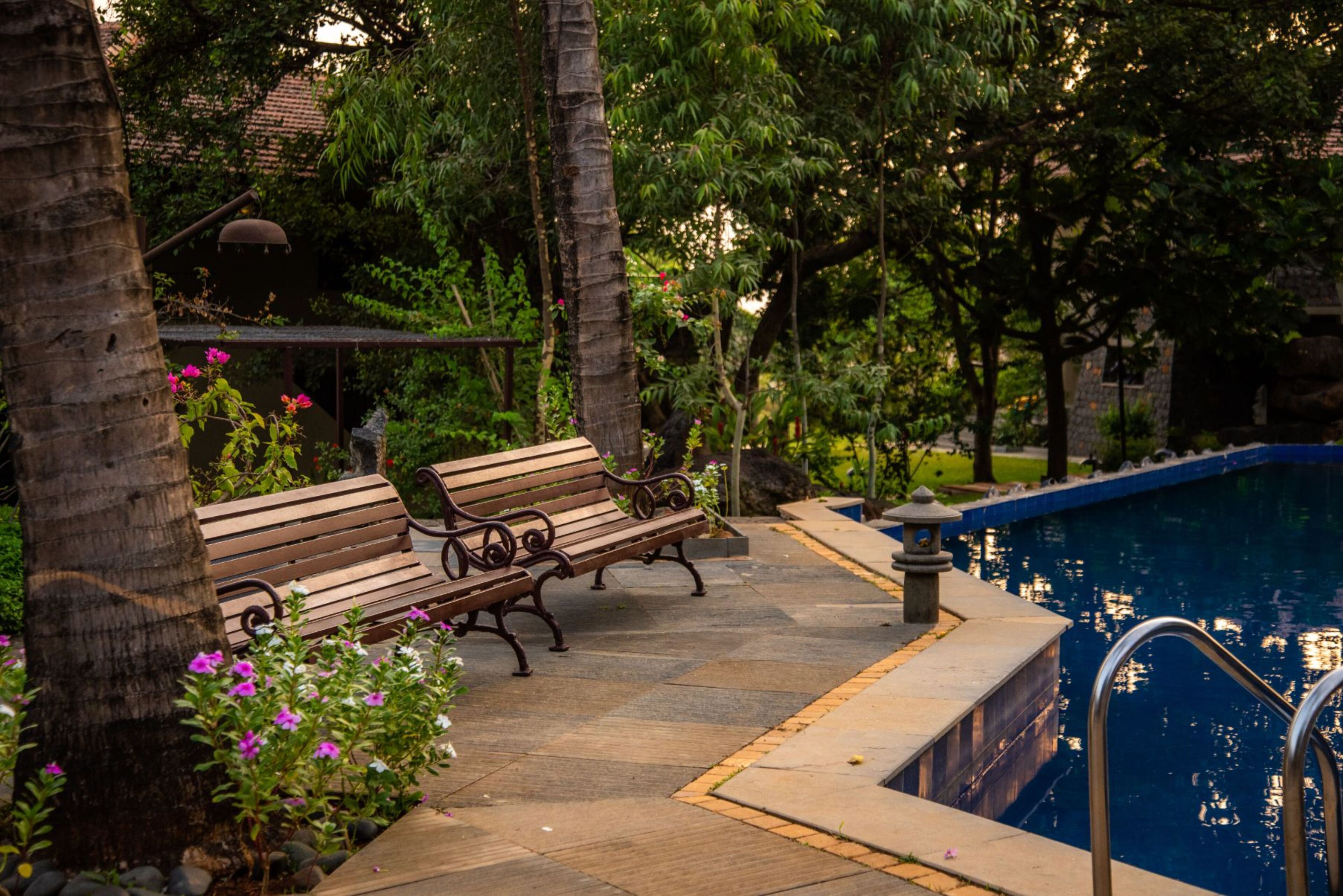 Un espace aménagé au bord de la piscine, avec des bancs en bois et un chemin en pierre.