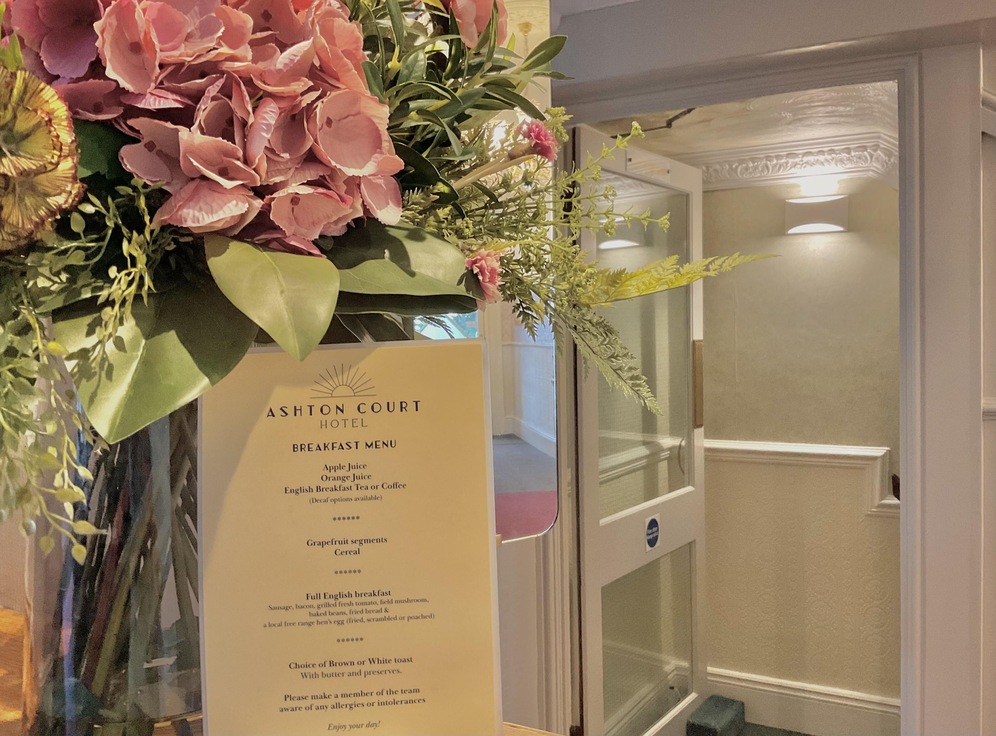 A breakfast menu at Ashton Court Hotel.