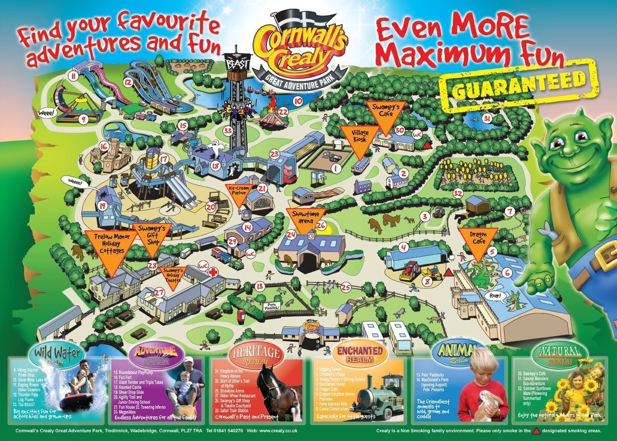 Un mapa colorit del Parc d'Aventures Great Adventure a Cornwall, que destaca diverses atraccions i serveis.