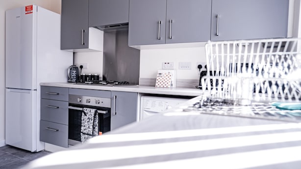Eine moderne Küche mit grauen Schränken, einem weißen Kühlschrank, einem eingebauten Backofen und einem Geschirrspüler.