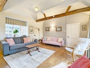 Smart TV, fireplace, books, music library