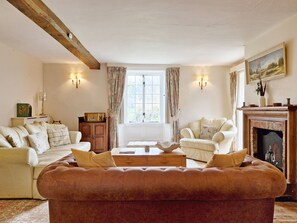 Smart TV, fireplace, books, music library