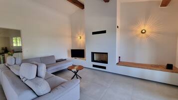 TV connectée, cheminée, table de tennis de table, livres