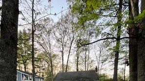 Eine Holzhütte mit einem Schotterweg, der zu einer Holzterrasse führt, umgeben von Bäumen.