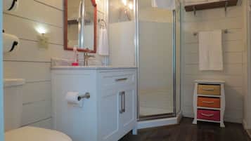 Shower, hair dryer, towels, soap