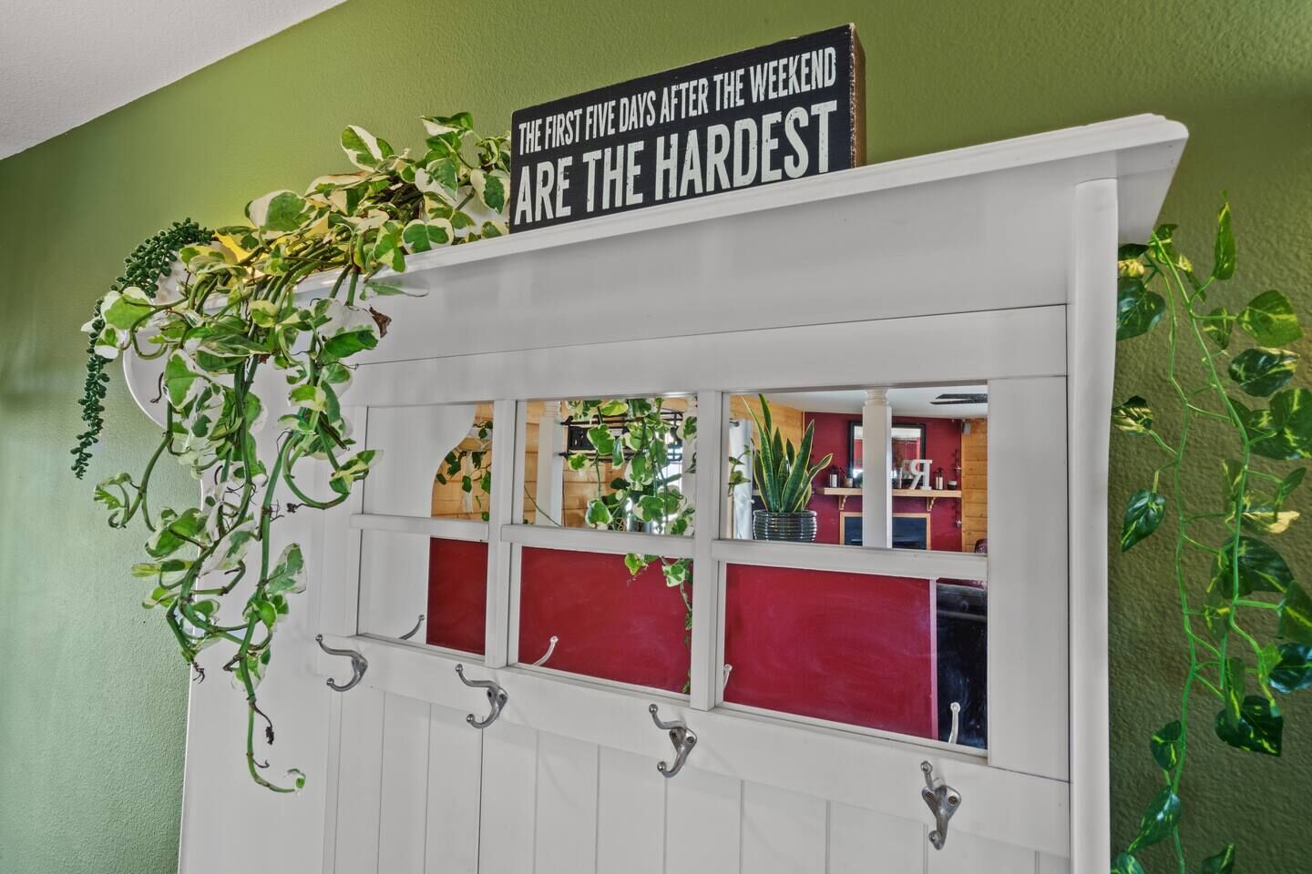 A wall-mounted shelf with a sign stating "THE FIRST FIVE DAYS AFTER THE WEEKEND ARE THE HARDEST," surrounded by green plants.