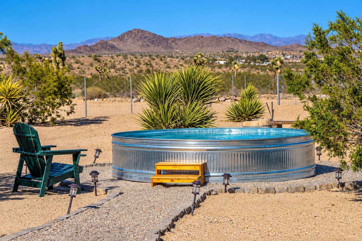 A hot tub with a wooden bench, surrounded by desert vegetation and mountains in the background.