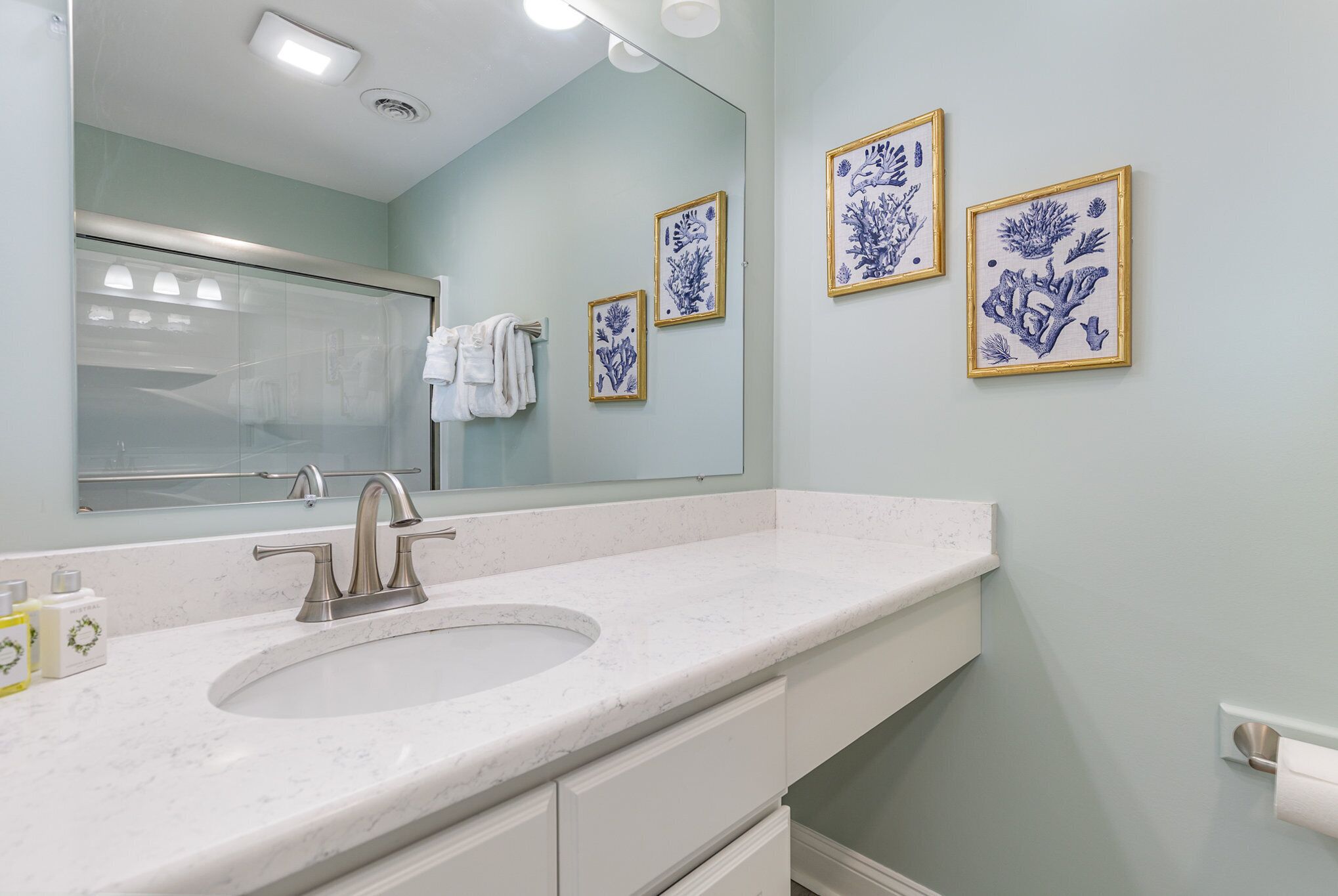 Une salle de bain avec un lavabo en marbre blanc, un grand miroir et trois reproductions encadrées de motifs botaniques bleus accrochées au mur.